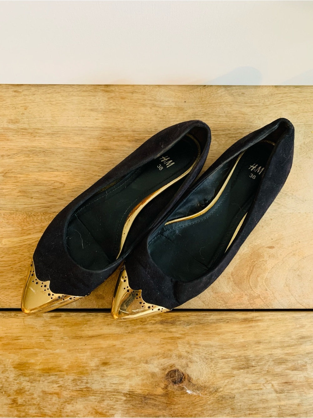 H&M Black Flats with Gold Pointed Toe Caps
